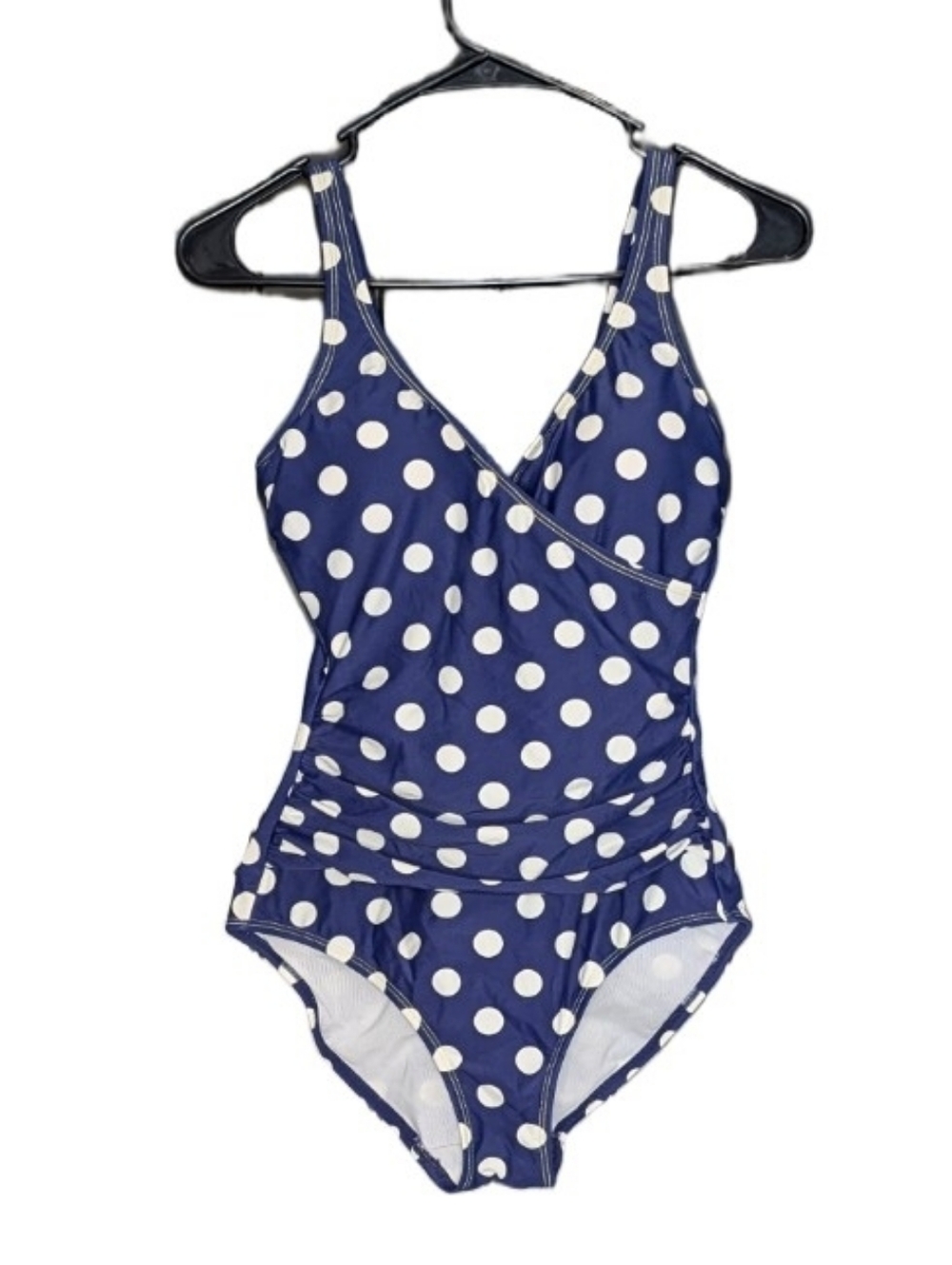 Boden Women Navy Blue White Polka Dot One Piece Ruched Bathing Suit Swim Size 4R